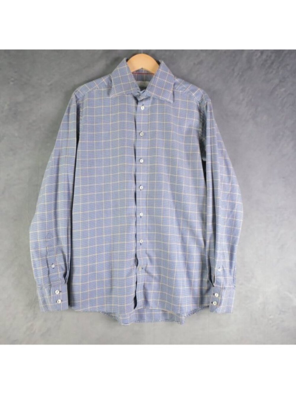 ETON Shirt Mens 16.5 42 Blue Yellow Plaid Houndstooth Cotton Dress Casual